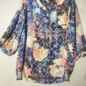 Blue Floral Patterned Women's Blouse with Scoop Neck